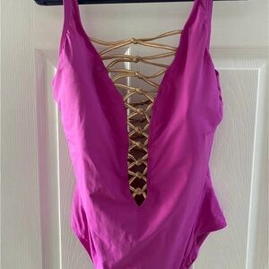 Bleu Rod Beattie Pink One Piece Lace Down Swimsuit with Gold Accents